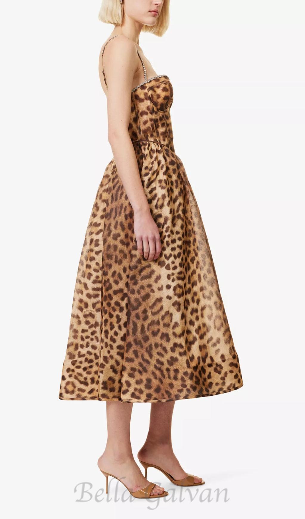 Flowering Girl Women Animal Print Crystal Bustier A Line Midi Dress