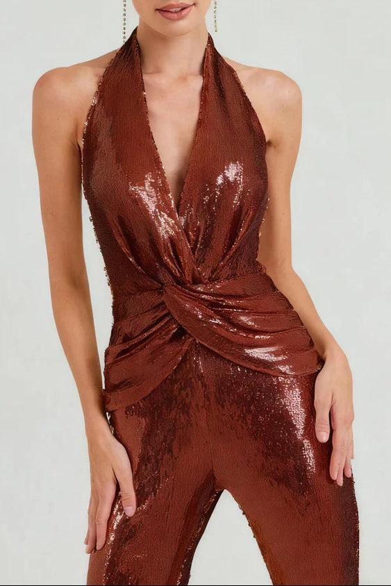 Flowering Girl Women Nora Brown Sequin Halterneck Deep V High Waist Flared Jumpsuit