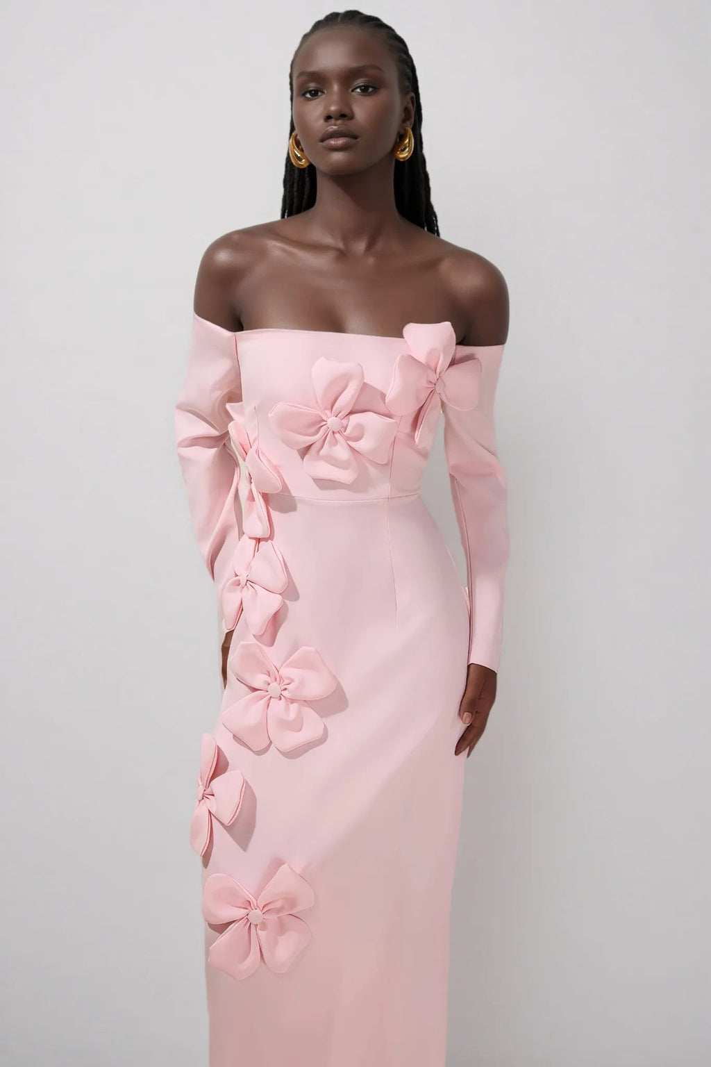 Flowering Girl Women Hilary Pink 3D Flower Long Sleeve Strapless Midi Dress