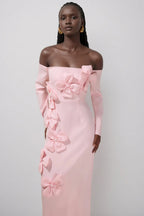 Flowering Girl Women Hilary Pink 3D Flower Long Sleeve Strapless Midi Dress