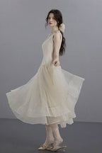 Sleeveless Midi Dress With Tulle Skirt And Pearl Embellished Collar - Ivoire