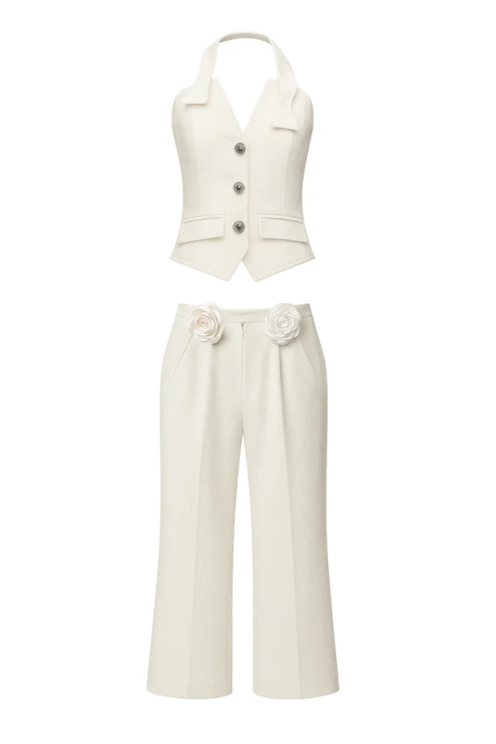 Flowering Girl Women Halter Neck Vest Flower Embellished Pants Suit In Ivory