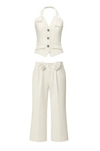 Flowering Girl Women Halter Neck Vest Flower Embellished Pants Suit In Ivory