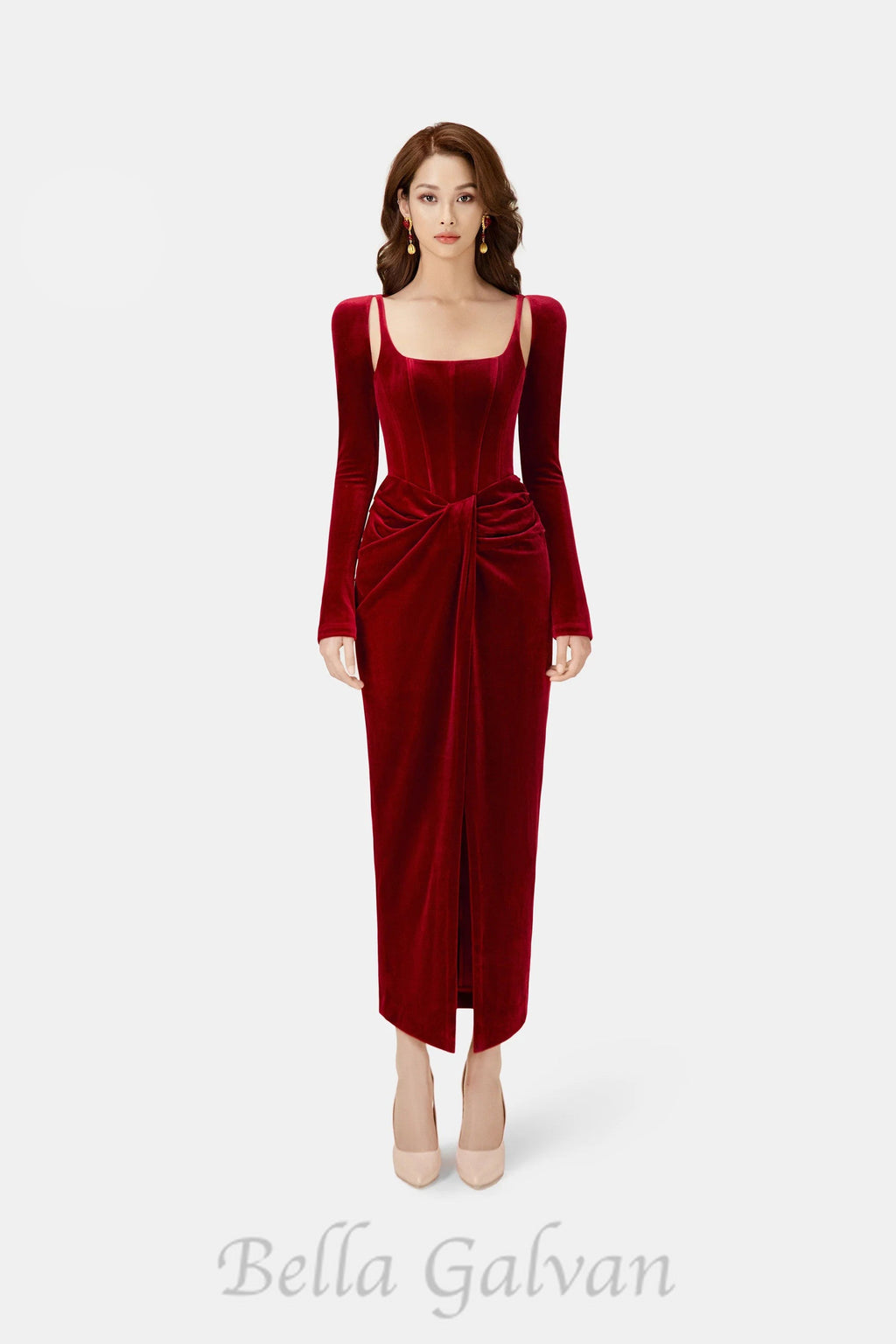 Flowering Girl Women Bordeaux Velvet Draped midi Dress