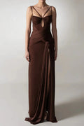 Flowering Girl Women Pleated Strappy Draped Slit Maxi Dress In Brown