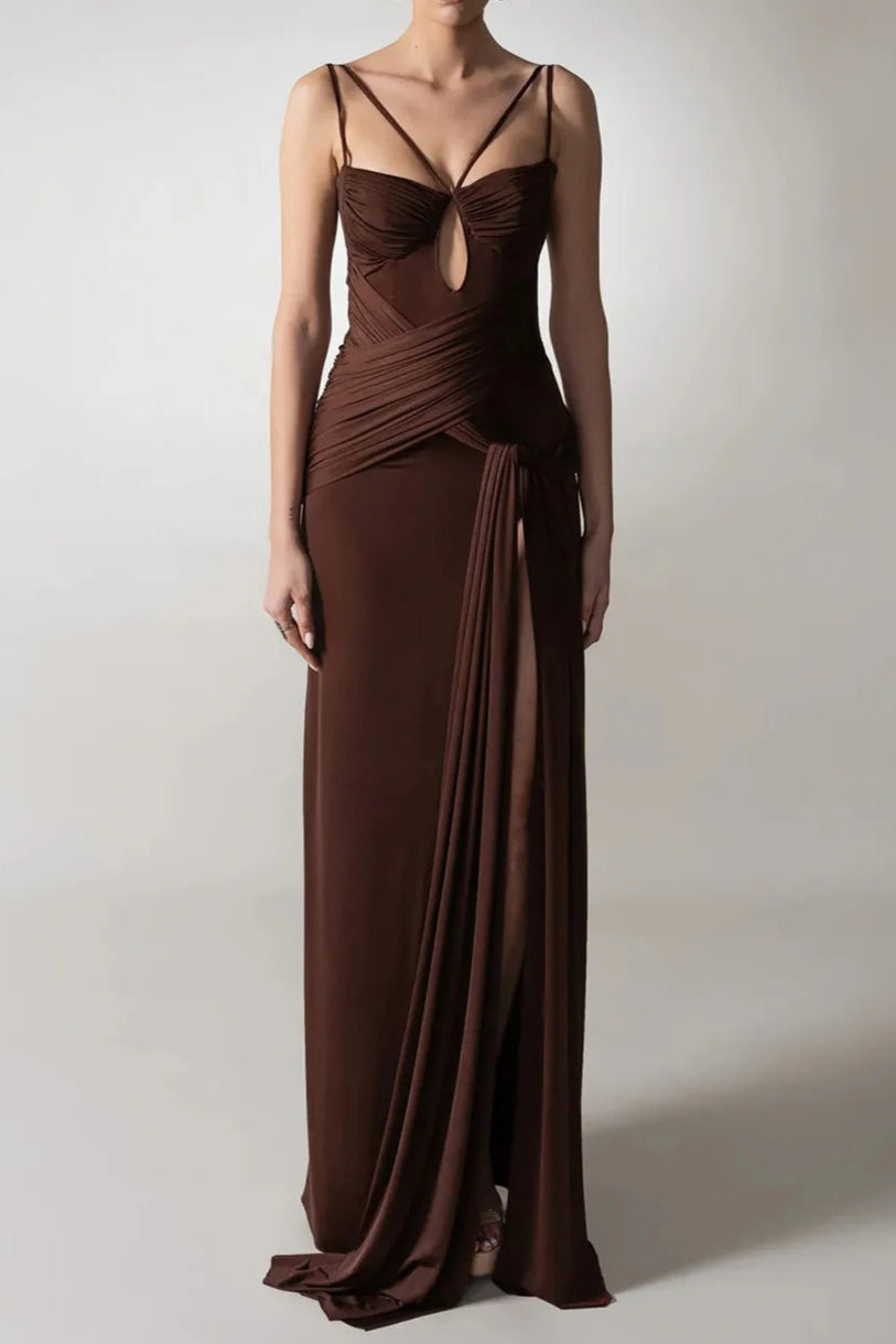 Flowering Girl Women Pleated Strappy Draped Slit Maxi Dress In Brown