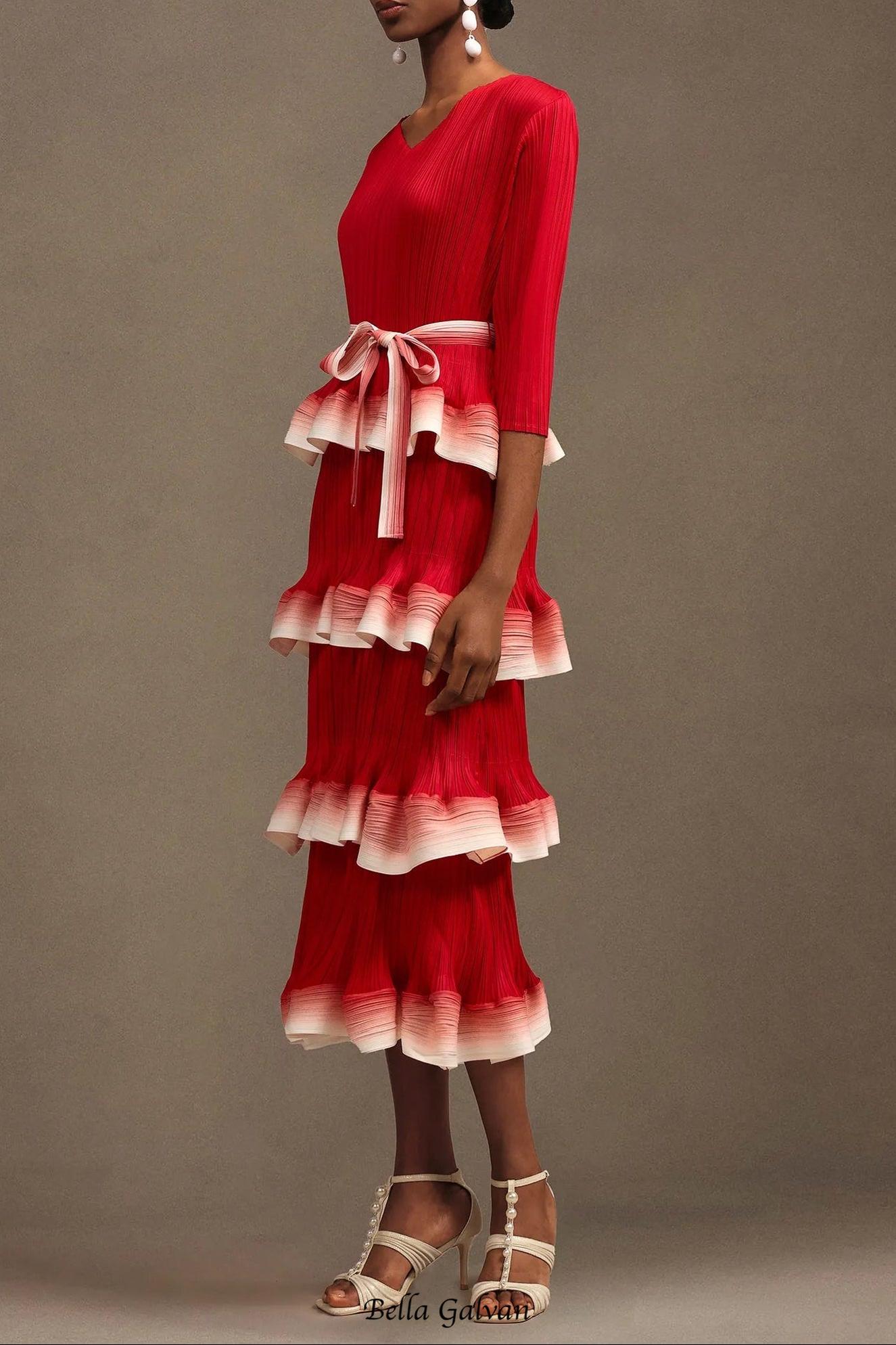 victoria Pleated Round Neck Long Sleeve Falbala Woven Maxi Dress in red
