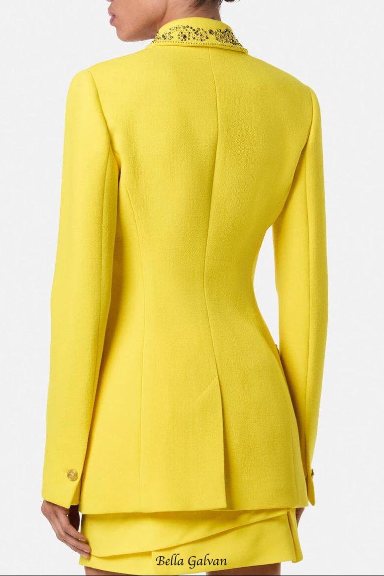 anila Studded Wool Fitted Single-Breasted Blazer in yellow