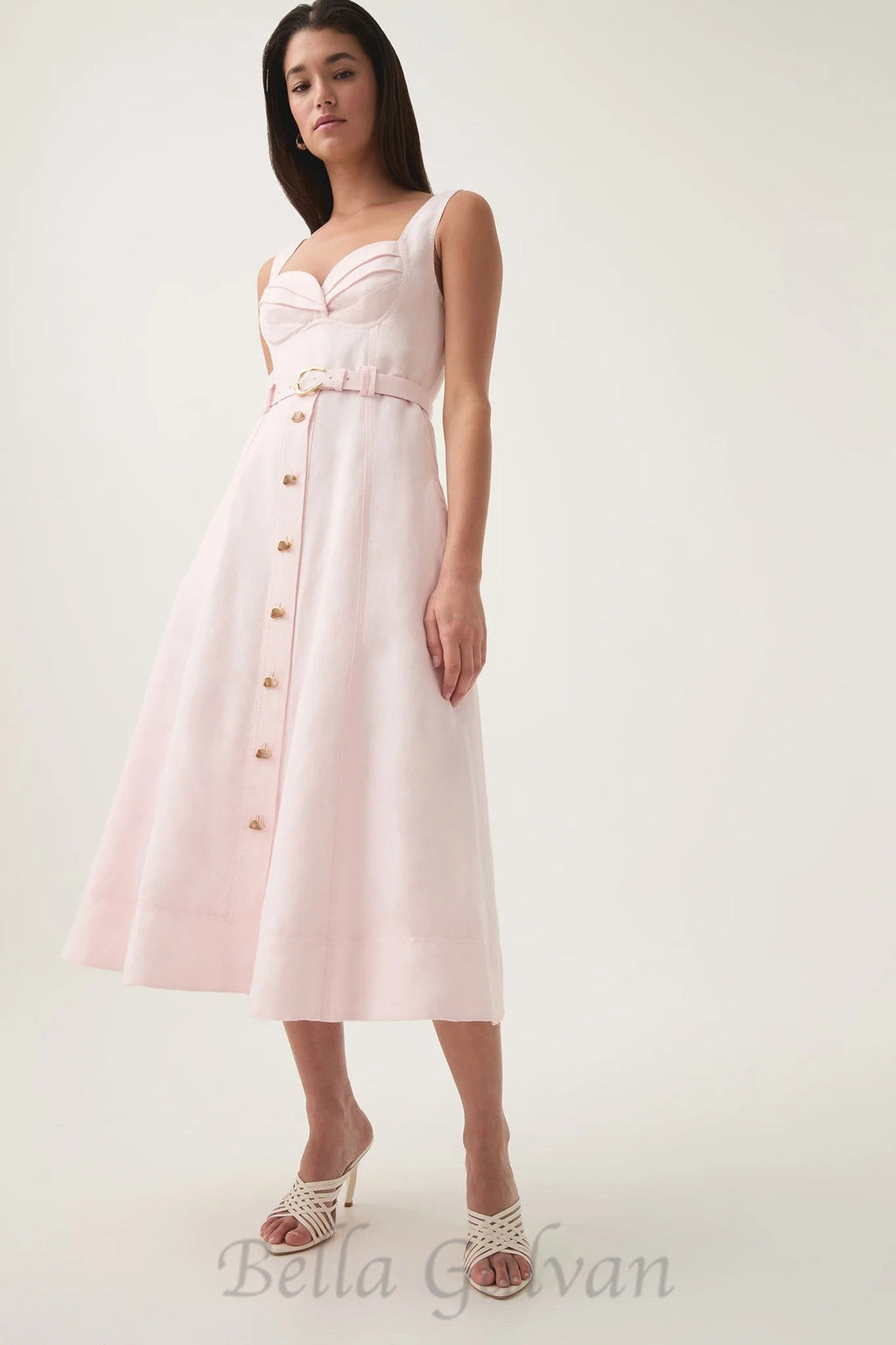 Flowering Girl Women sweetheart neckline belted midi dress in pink