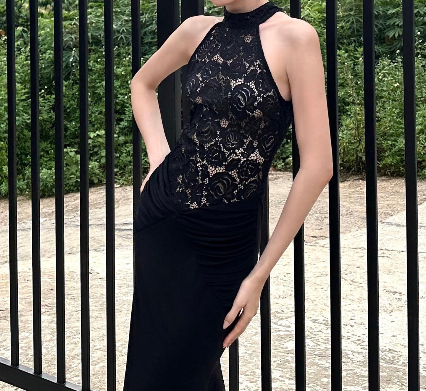 Flowering Girl Women carol black halter maxi dress with lace bodice