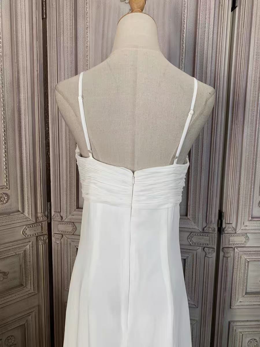White Chiffon Beaded Empire Waist Evening Gown