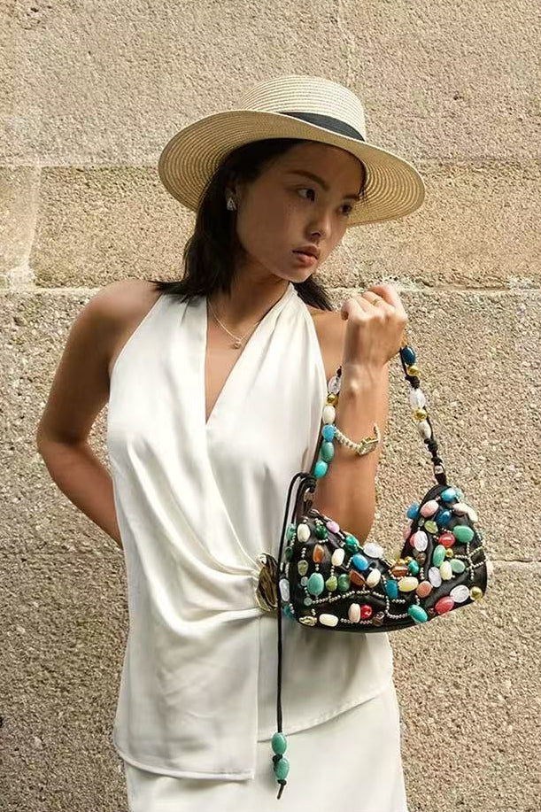 Flowering Girl Women Beaded Crescent Shoulder Bag with Colorful Stone Embellishments