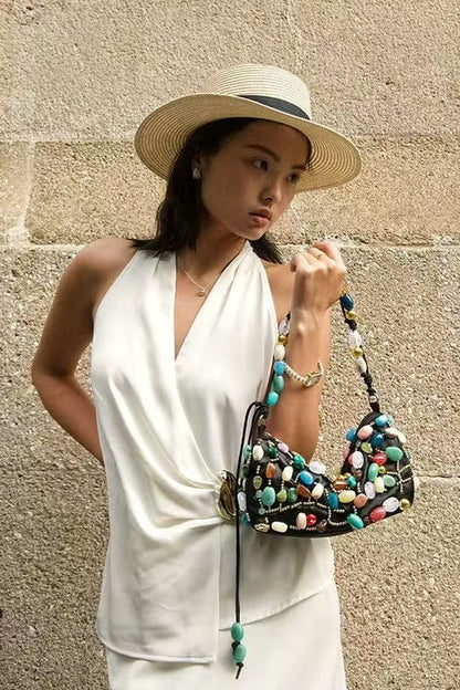 Beaded Crescent Shoulder Bag with Colorful Stone Embellishments