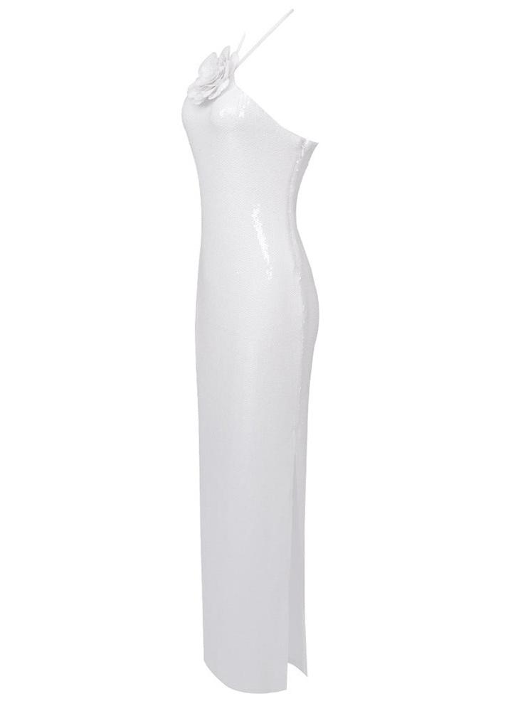 anila Glitter Rosette Halter Sequined Maxi Dress In White