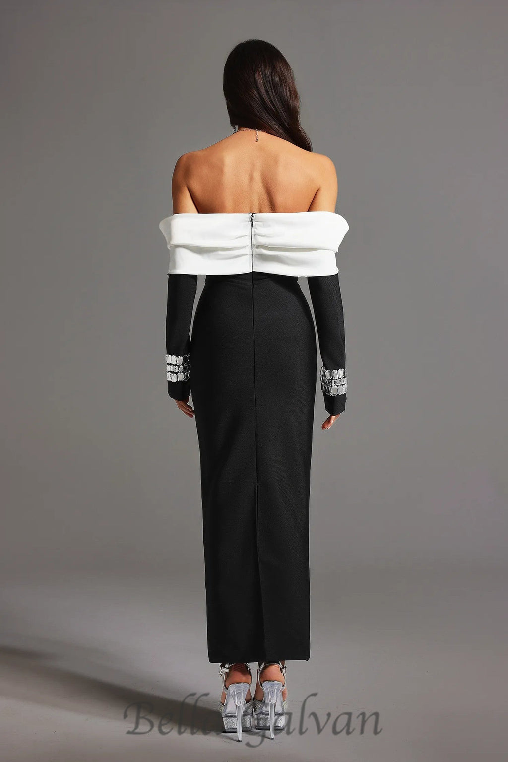 Flowering Girl Women off neck backless diamond bandage black maxi dress