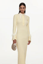 irma yellow Long Sleeve Feather Knit Maxi Dress