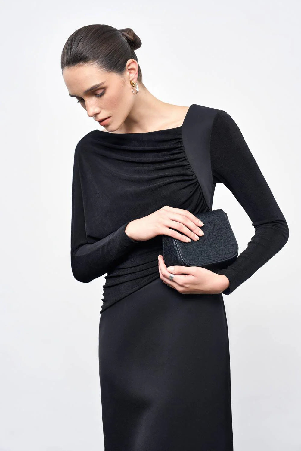 Mirabel A-line Back Slit Taffeta Midi Dress in black