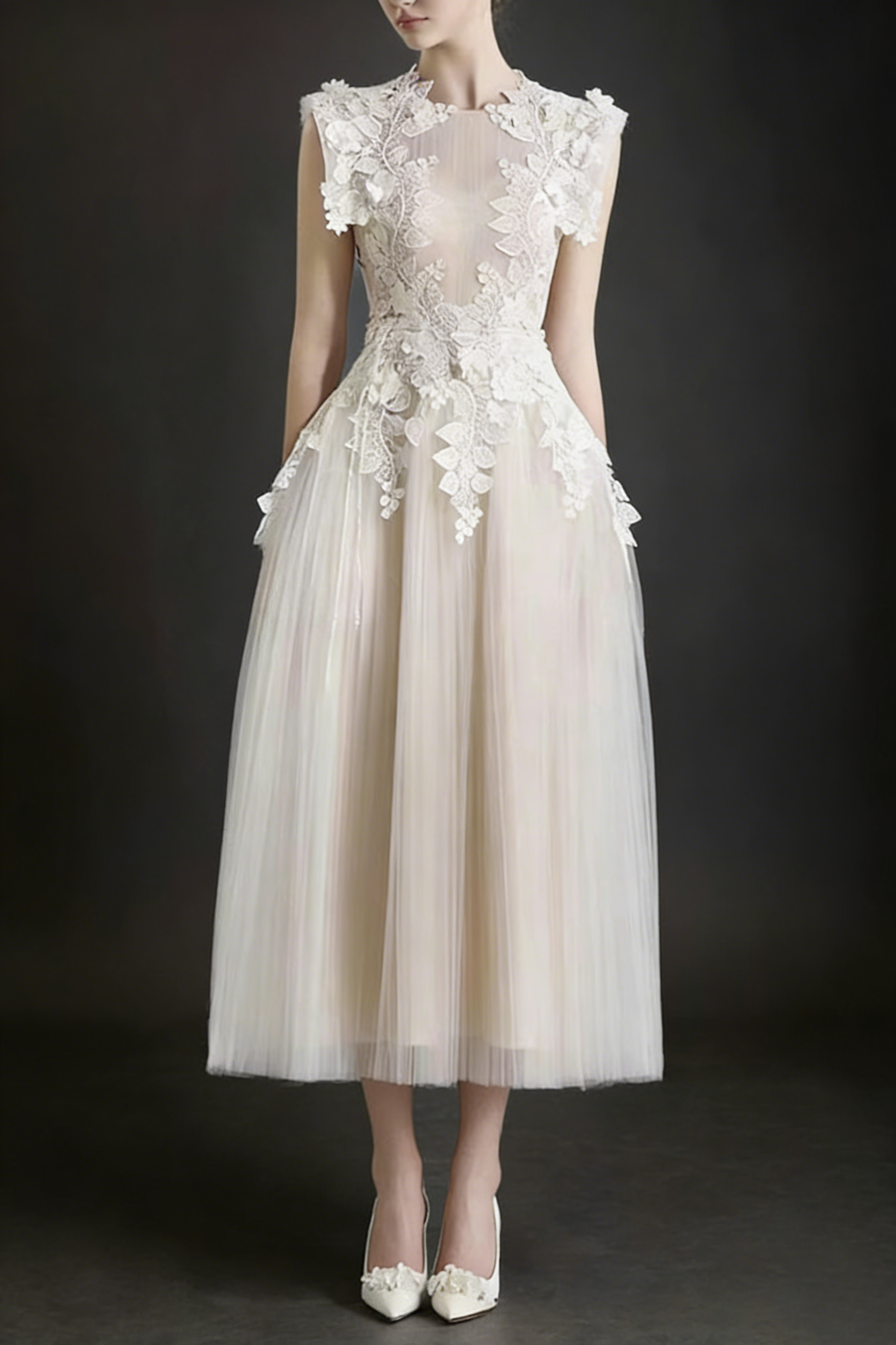 Floral Appliqué Bodice Sleeveless Midi Dress In Beige