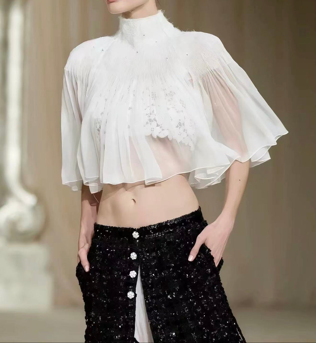 White Lace Cami Top + Sheer Chiffon Capelet Set