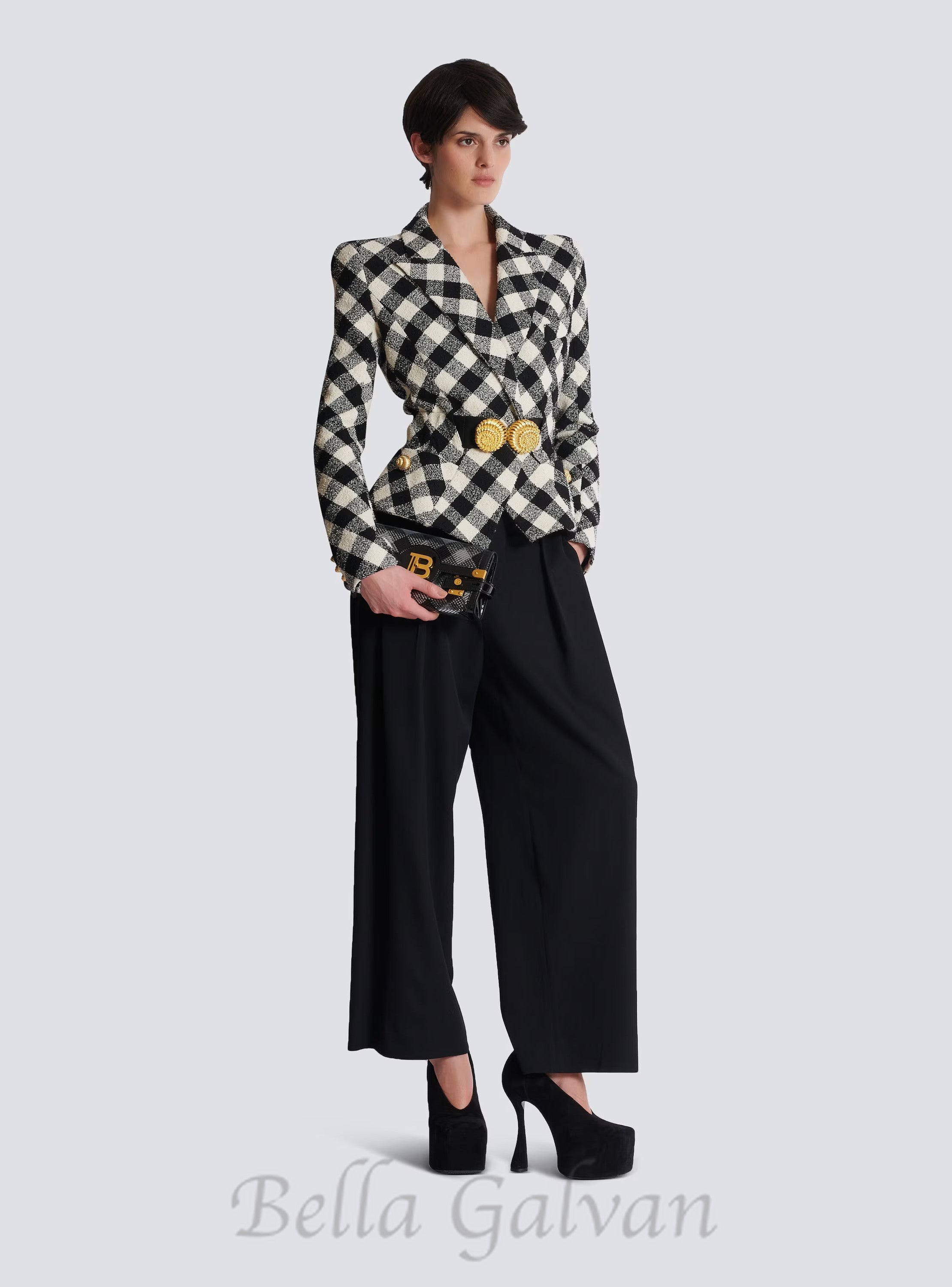 Flowering Girl Women Belted gingham tweed jacket with two Snail buttons