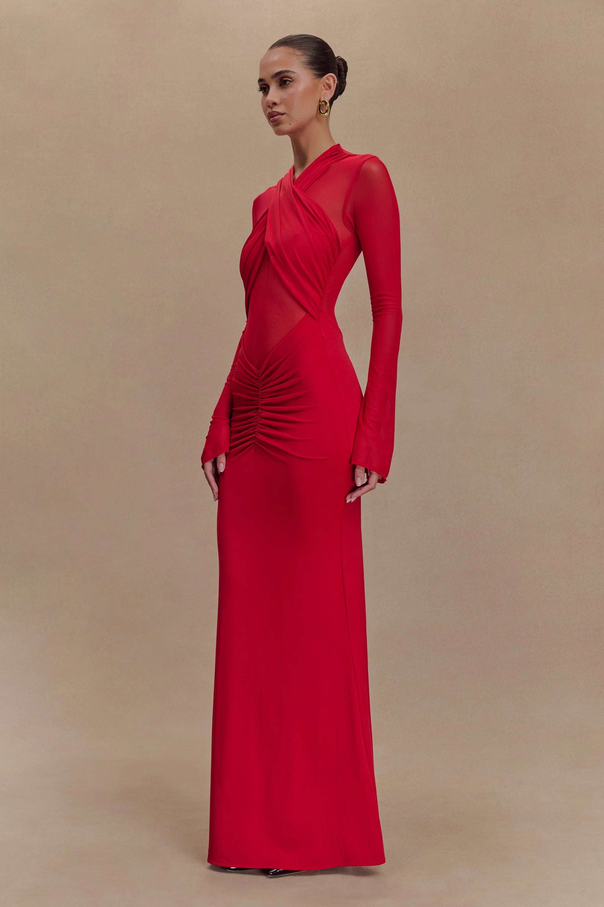 Flowering Girl Women Slinky Mesh Long Sleeve Maxi Dress In Ruby