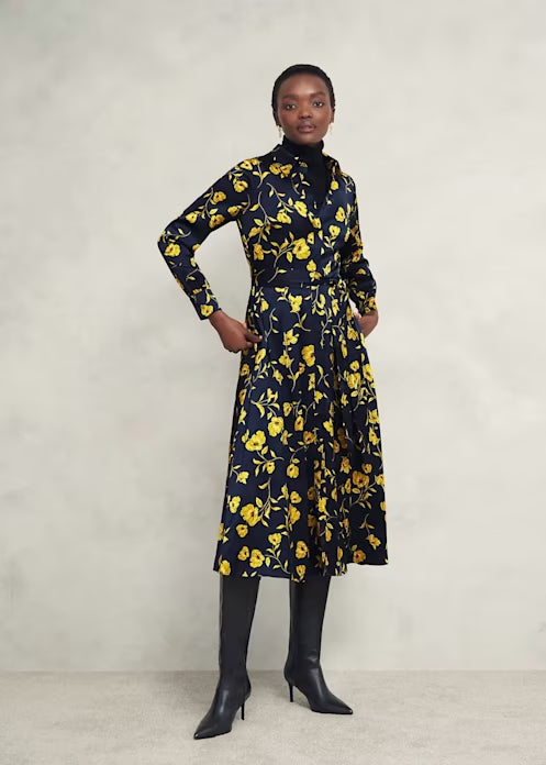 Flowering Girl Women sophia floral shirt midi dress in navy yellow