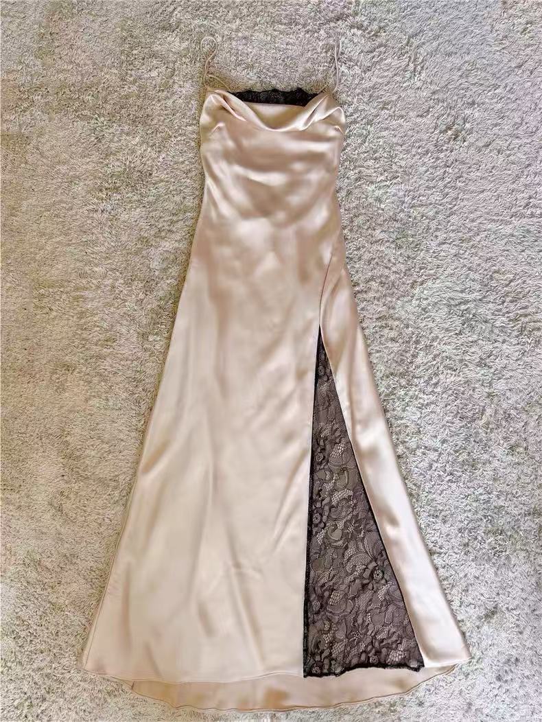 Champagne Satin Cowl Neck Lace Split Midi Slip Dress
