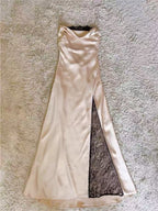 Champagne Satin Cowl Neck Lace Split Midi Slip Dress
