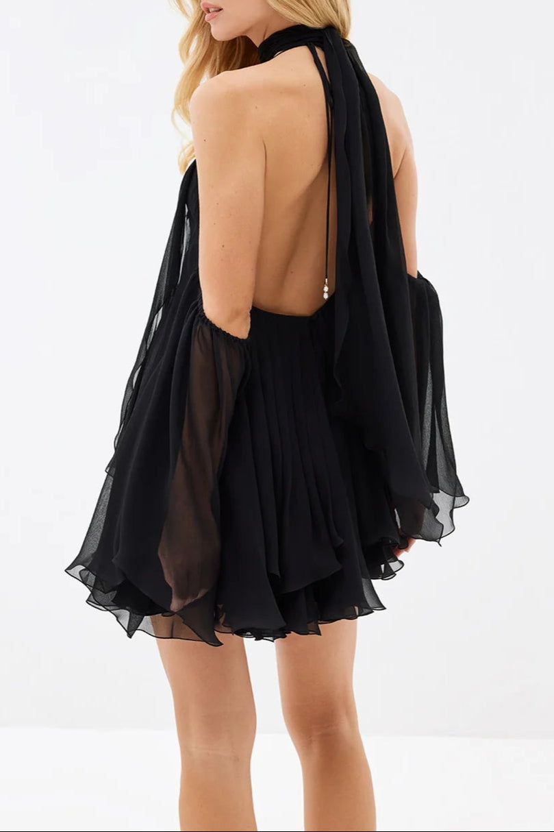 Flowering Girl Women Erica Halter Neck Lace-Up Backless Mini Dress - Black