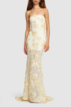 Flowering Girl Women Embroidered Strapless Gown In Apricot