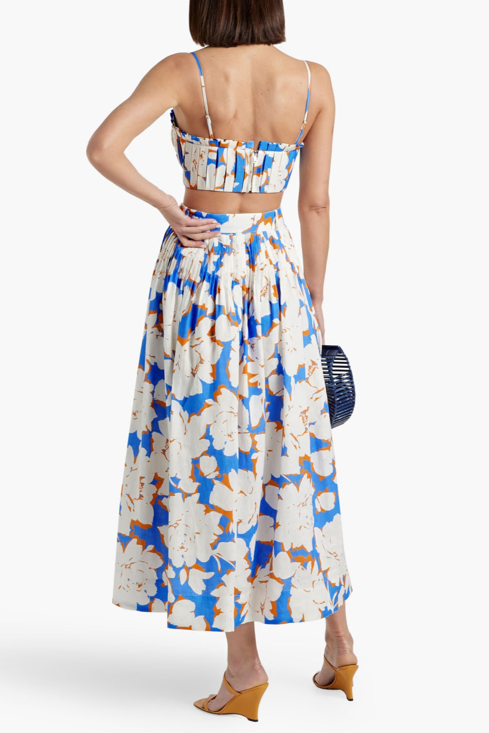 Flowering Girl Women Pleated Floral-Print Linen Bustier Top Skirt Set In Blue