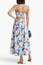 Pleated floral-print linen bustier top skirt set in blue