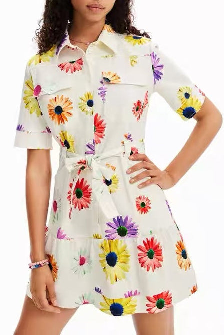White Multicolor Daisy Print Shirt Dress with Belt
