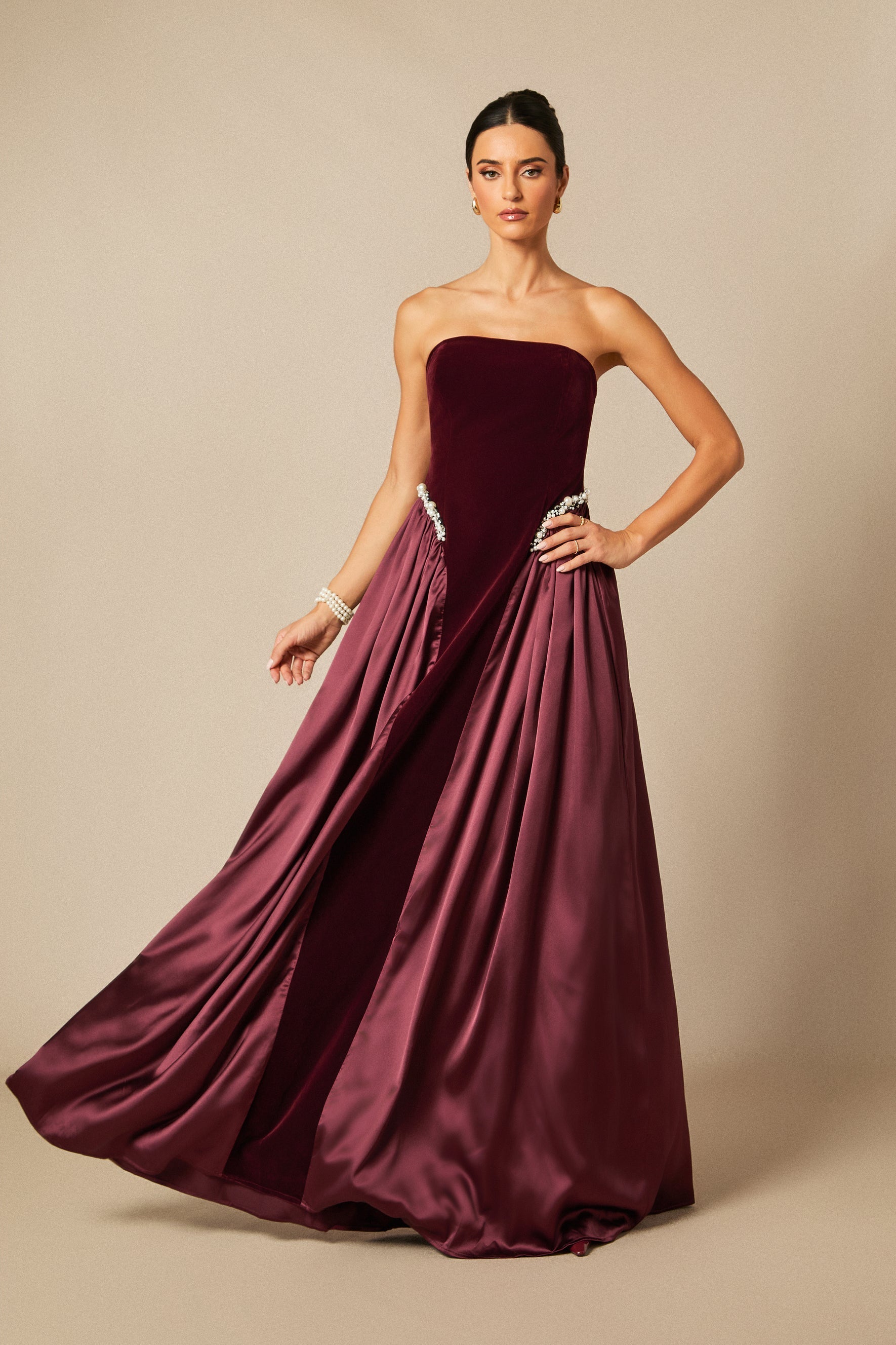 samantha burgundy Pearls Embroidered strapless maxi Dress