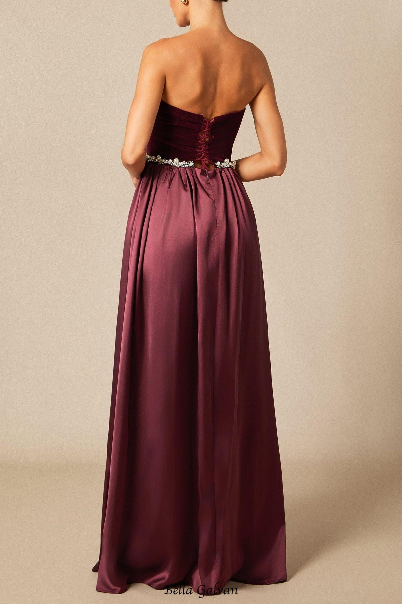 samantha burgundy Pearls Embroidered strapless maxi Dress