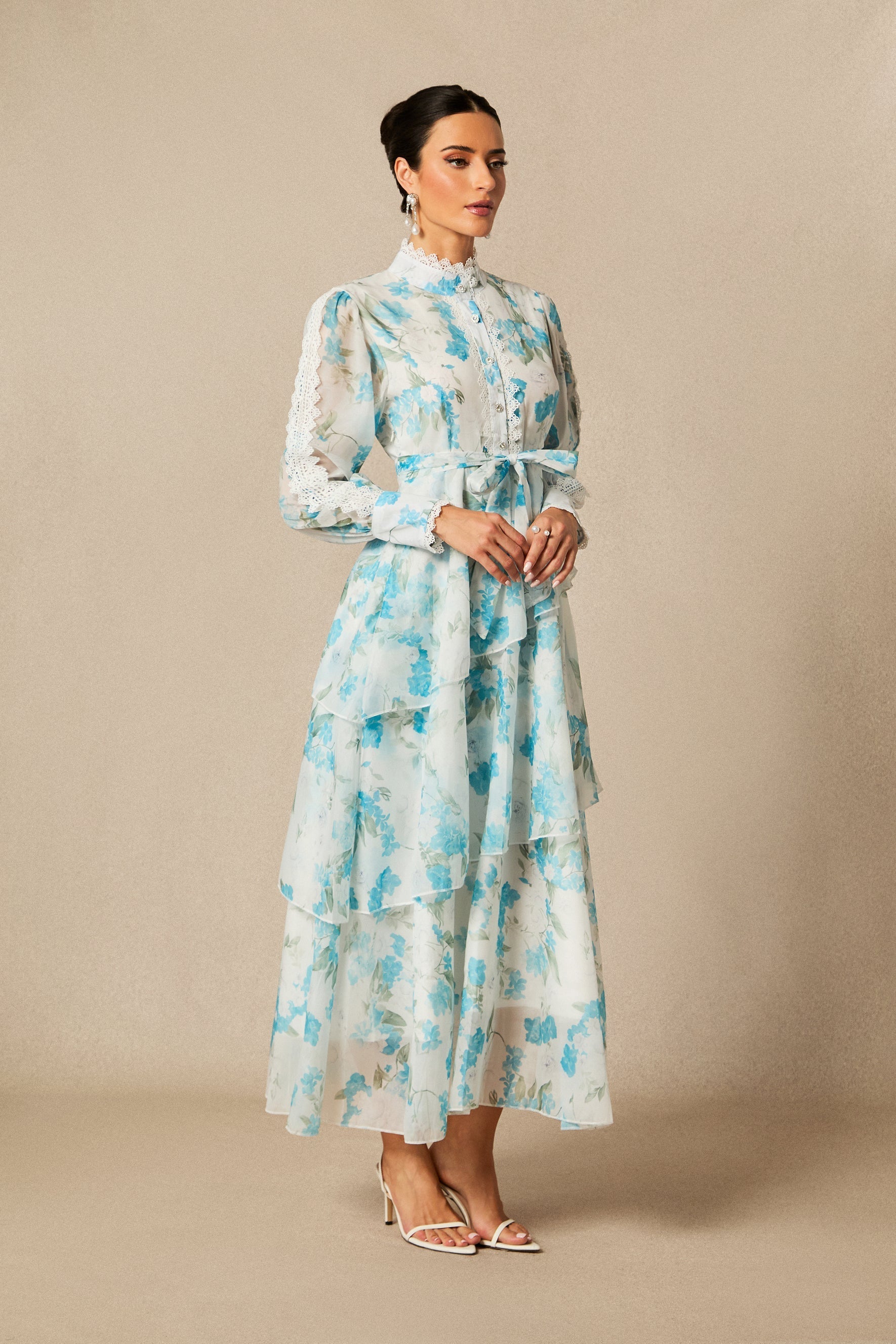 nina blue Chiffon lace trim stand-collar dress with layered ruffles