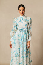 nina blue Chiffon lace trim stand-collar dress with layered ruffles