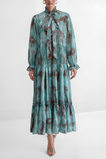 kristin Teal Printed Tiered Ruffle Maxi Dress - green