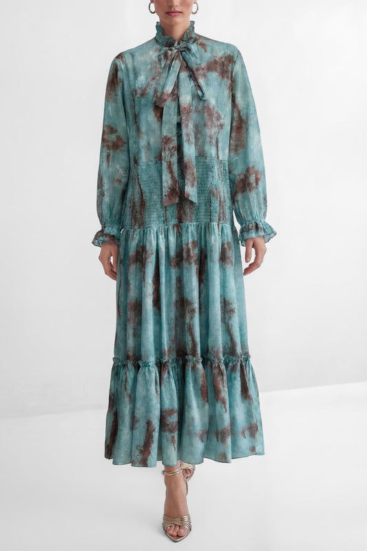 kristin Teal Printed Tiered Ruffle Maxi Dress - green