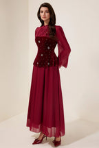 Flowering Girl Women caroline Rhinestone Velvet Splicing Maxi Dress - burgundy