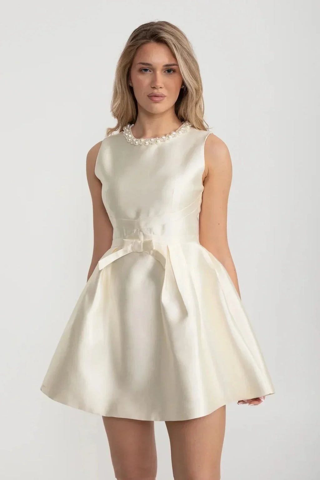 Flowering Girl Women Elegant Fitted Dress With Pearl-Embellished Round Neckline And Bow Waistline Accent - Ivoire