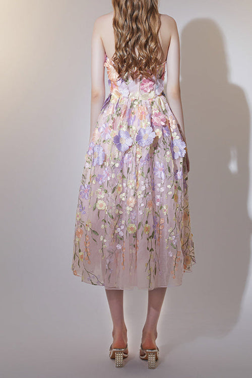 Anna Floral Embroidery Midi Dress In Pastel Pink