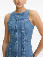 selena buttoned lace-up sleeveless mini dress in navy blue
