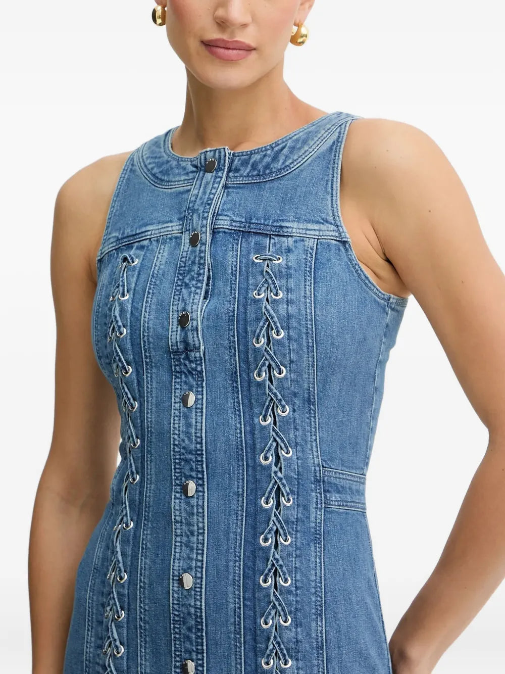 selena buttoned lace-up sleeveless mini dress in navy blue