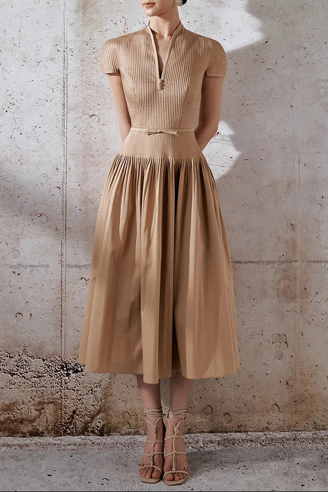 Emily v-Neck Pleated Midi Dress In Khaki