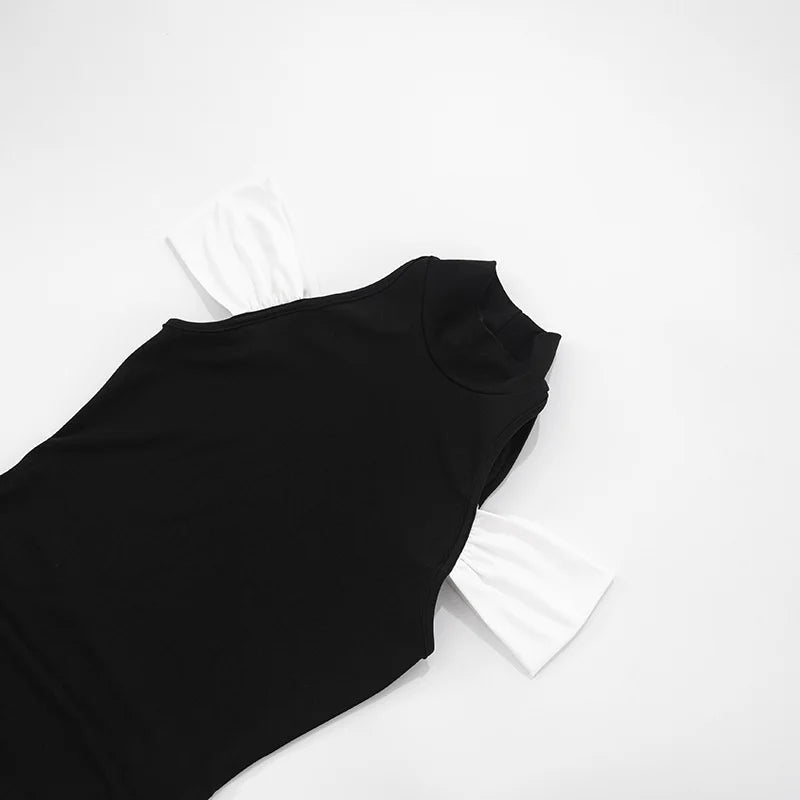 Flowering Girl Women Black-White Panel Sleeveless Gathered Halter Mini Dress