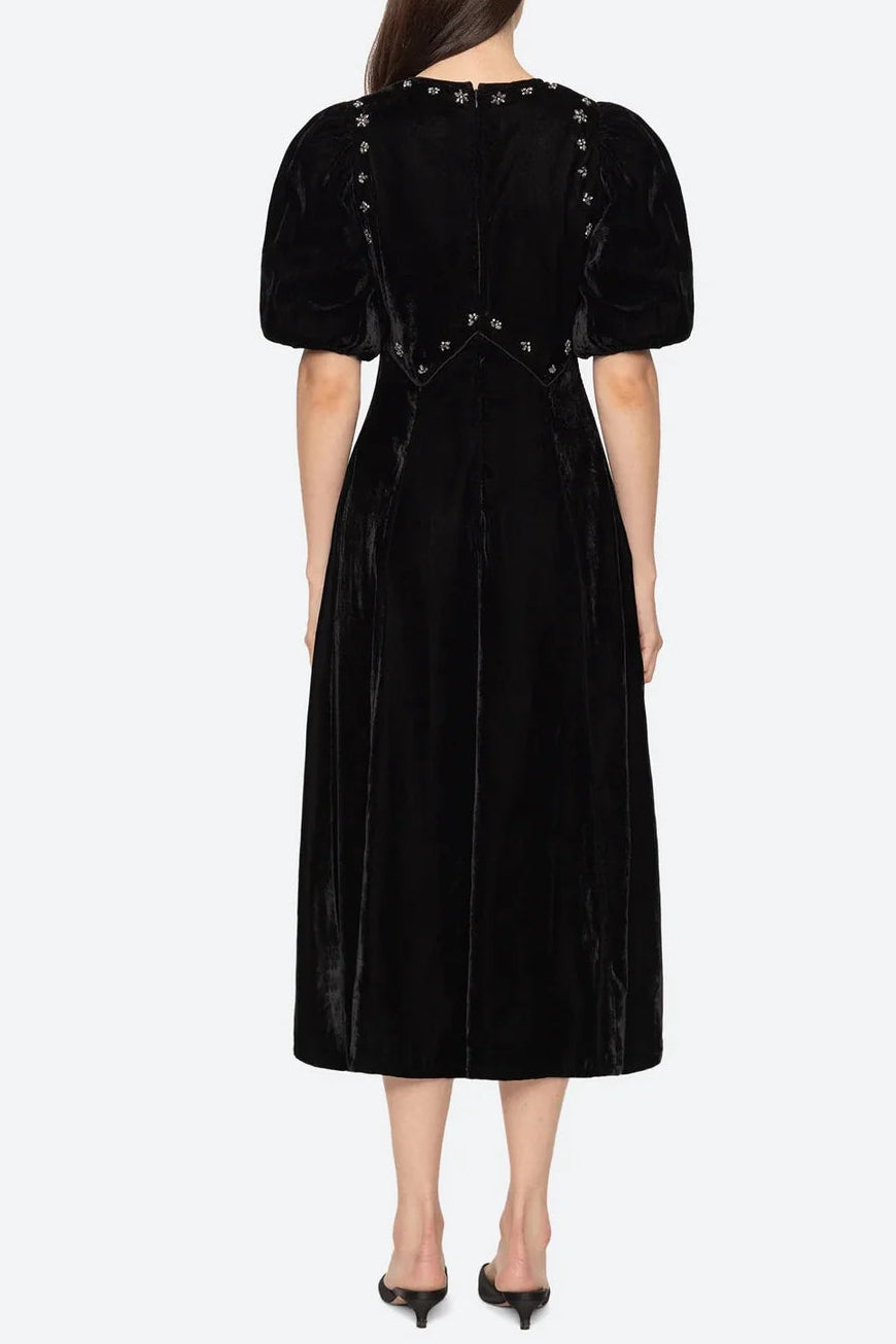 Vicky Black Rhinestone Embellished Velvet Puff Sleeve Maxi Dress