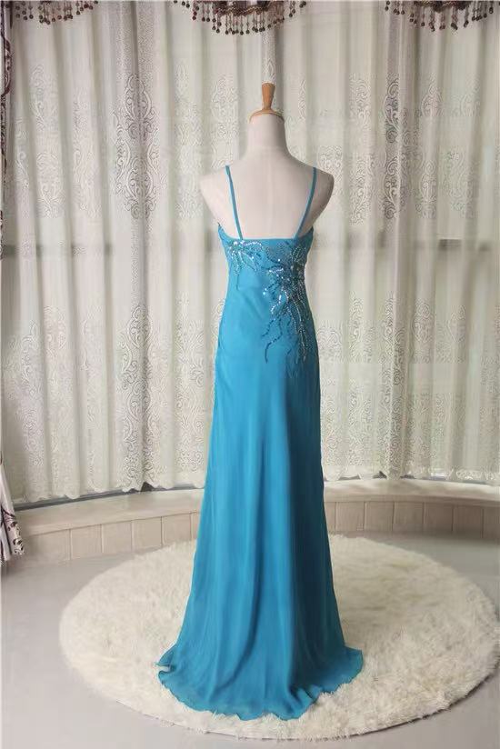 Blue Spaghetti Strap Beaded Chiffon Long Evening Dress