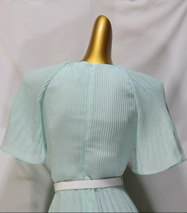 Mint Green Pleated Midi Dress with Belt