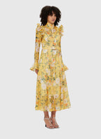 Flowering Girl Women Daisy Print Butterfly Sleeve Midi Dress in yellow